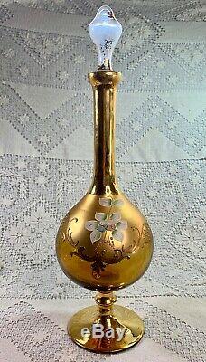 Vtg Bohemian Czech Decanter Wine Glasses 24k Gold Hand Painted Enamel 5 Set 6