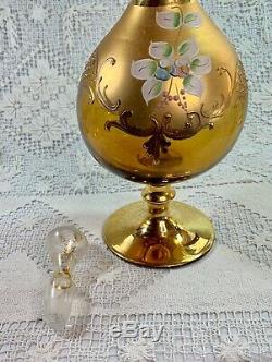 Vtg Bohemian Czech Decanter Wine Glasses 24k Gold Hand Painted Enamel 5 Set 6