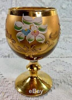 Vtg Bohemian Czech Decanter Wine Glasses 24k Gold Hand Painted Enamel 5 Set 6