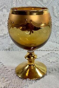 Vtg Bohemian Czech Decanter Wine Glasses 24k Gold Hand Painted Enamel 5 Set 6