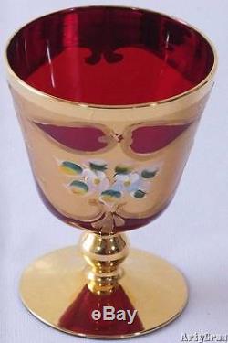 Vtg Bohemian Czech Wine Glasses 24k Gold Hand Painted Enamel 4 Tall 8 oz Set 6