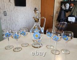 Vtg Bohemian Romanian Wine Decanter Set Hand-Painted 6 Floral Wine Glasses