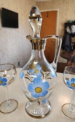 Vtg Bohemian Romanian Wine Decanter Set Hand-Painted 6 Floral Wine Glasses