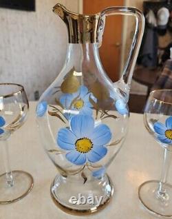 Vtg Bohemian Romanian Wine Decanter Set Hand-Painted 6 Floral Wine Glasses