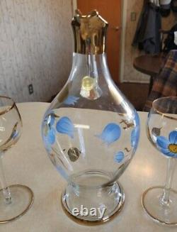 Vtg Bohemian Romanian Wine Decanter Set Hand-Painted 6 Floral Wine Glasses