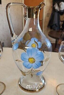 Vtg Bohemian Romanian Wine Decanter Set Hand-Painted 6 Floral Wine Glasses