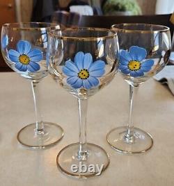 Vtg Bohemian Romanian Wine Decanter Set Hand-Painted 6 Floral Wine Glasses