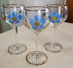 Vtg Bohemian Romanian Wine Decanter Set Hand-Painted 6 Floral Wine Glasses