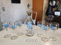 Vtg Bohemian Romanian Wine Decanter Set Hand-Painted 6 Floral Wine Glasses