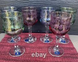 Vtg. Cristalleria Fumo Italy Hand Blown Wine Glasses Set 6 Etched Colored 6.5