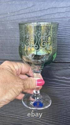 Vtg. Cristalleria Fumo Italy Hand Blown Wine Glasses Set 6 Etched Colored 6.5