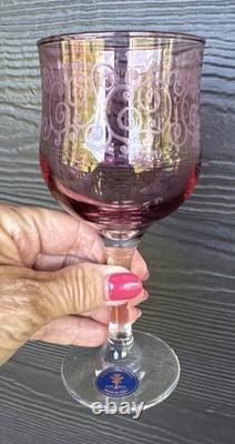 Vtg. Cristalleria Fumo Italy Hand Blown Wine Glasses Set 6 Etched Colored 6.5