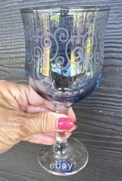 Vtg. Cristalleria Fumo Italy Hand Blown Wine Glasses Set 6 Etched Colored 6.5