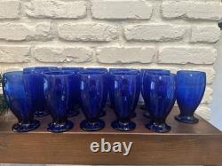 Vtg Cristar Cobalt Blue Footed Water Tumblers Wine Glasses 15 oz Set of 16