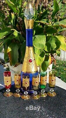 Vtg Czech Bohemian Jeweled Gold Gilt Blue Glass Liqueur Wine Decanter Bottle Set