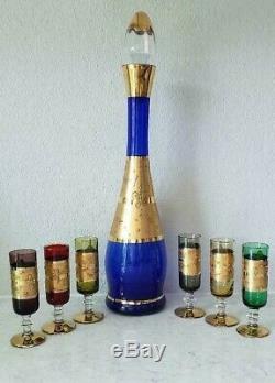 Vtg Czech Bohemian Jeweled Gold Gilt Blue Glass Liqueur Wine Decanter Bottle Set