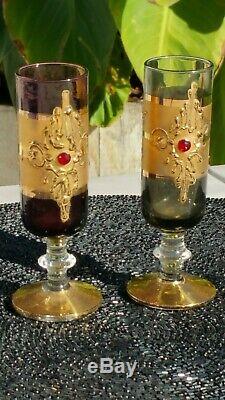 Vtg Czech Bohemian Jeweled Gold Gilt Blue Glass Liqueur Wine Decanter Bottle Set