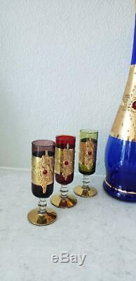 Vtg Czech Bohemian Jeweled Gold Gilt Blue Glass Liqueur Wine Decanter Bottle Set