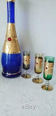 Vtg Czech Bohemian Jeweled Gold Gilt Blue Glass Liqueur Wine Decanter Bottle Set