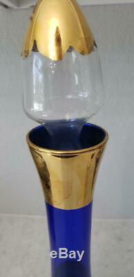 Vtg Czech Bohemian Jeweled Gold Gilt Blue Glass Liqueur Wine Decanter Bottle Set