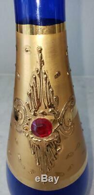 Vtg Czech Bohemian Jeweled Gold Gilt Blue Glass Liqueur Wine Decanter Bottle Set