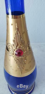 Vtg Czech Bohemian Jeweled Gold Gilt Blue Glass Liqueur Wine Decanter Bottle Set