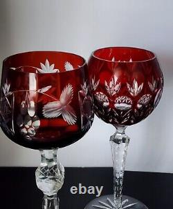 Vtg Czech Moser Ruby Red Cut Crystal Wine Glasses New Vintage Set of 2