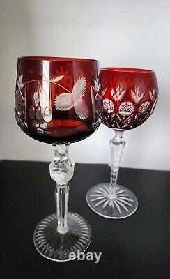 Vtg Czech Moser Ruby Red Cut Crystal Wine Glasses New Vintage Set of 2