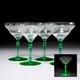 Vtg Deco Etched Green Vaseline Martini Champagne Wine 4 Glasses Iris Apfel Lot B