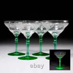 Vtg Deco Etched Green Vaseline Martini Champagne Wine 4 Glasses Iris Apfel Lot B
