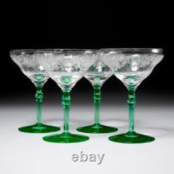 Vtg Deco Etched Green Vaseline Martini Champagne Wine 4 Glasses Iris Apfel Lot B