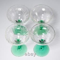 Vtg Deco Etched Green Vaseline Martini Champagne Wine 4 Glasses Iris Apfel Lot B