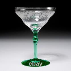 Vtg Deco Etched Green Vaseline Martini Champagne Wine 4 Glasses Iris Apfel Lot B