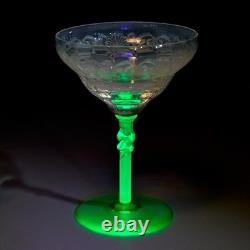 Vtg Deco Etched Green Vaseline Martini Champagne Wine 4 Glasses Iris Apfel Lot B