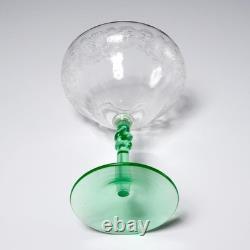 Vtg Deco Etched Green Vaseline Martini Champagne Wine 4 Glasses Iris Apfel Lot B