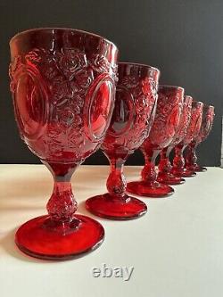 Vtg LG Wright Ruby Red Glass Set 6 Stemmed Water Wine Goblet Rose Mirror 6.75
