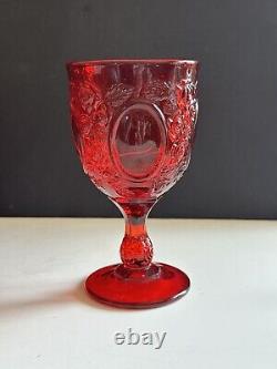 Vtg LG Wright Ruby Red Glass Set 6 Stemmed Water Wine Goblet Rose Mirror 6.75