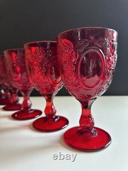 Vtg LG Wright Ruby Red Glass Set 6 Stemmed Water Wine Goblet Rose Mirror 6.75