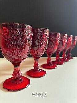 Vtg LG Wright Ruby Red Glass Set 6 Stemmed Water Wine Goblet Rose Mirror 6.75
