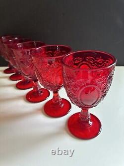 Vtg LG Wright Ruby Red Glass Set 6 Stemmed Water Wine Goblet Rose Mirror 6.75