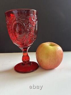 Vtg LG Wright Ruby Red Glass Set 6 Stemmed Water Wine Goblet Rose Mirror 6.75