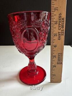 Vtg LG Wright Ruby Red Glass Set 6 Stemmed Water Wine Goblet Rose Mirror 6.75