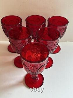 Vtg LG Wright Ruby Red Glass Set 6 Stemmed Water Wine Goblet Rose Mirror 6.75
