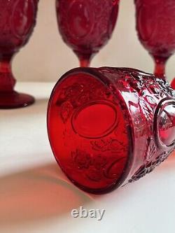 Vtg LG Wright Ruby Red Glass Set 6 Stemmed Water Wine Goblet Rose Mirror 6.75