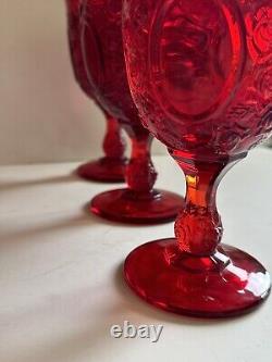 Vtg LG Wright Ruby Red Glass Set 6 Stemmed Water Wine Goblet Rose Mirror 6.75