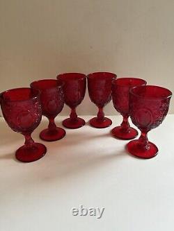 Vtg LG Wright Ruby Red Glass Set 6 Stemmed Water Wine Goblet Rose Mirror 6.75