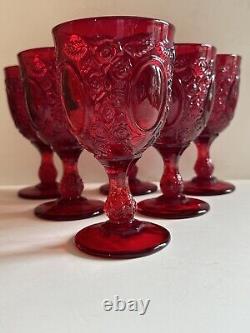 Vtg LG Wright Ruby Red Glass Set 6 Stemmed Water Wine Goblet Rose Mirror 6.75