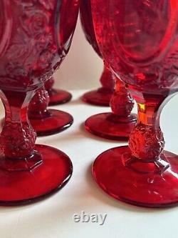 Vtg LG Wright Ruby Red Glass Set 6 Stemmed Water Wine Goblet Rose Mirror 6.75