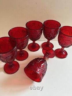 Vtg LG Wright Ruby Red Glass Set 6 Stemmed Water Wine Goblet Rose Mirror 6.75