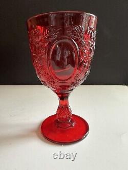 Vtg LG Wright Ruby Red Glass Set 6 Stemmed Water Wine Goblet Rose Mirror 6.75